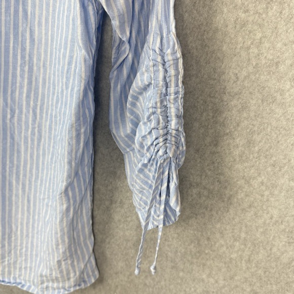 John Mark Linen Top Ruched Sleeve Button Down Tunic M Blue White Striped Coastal - Picture 5 of 9